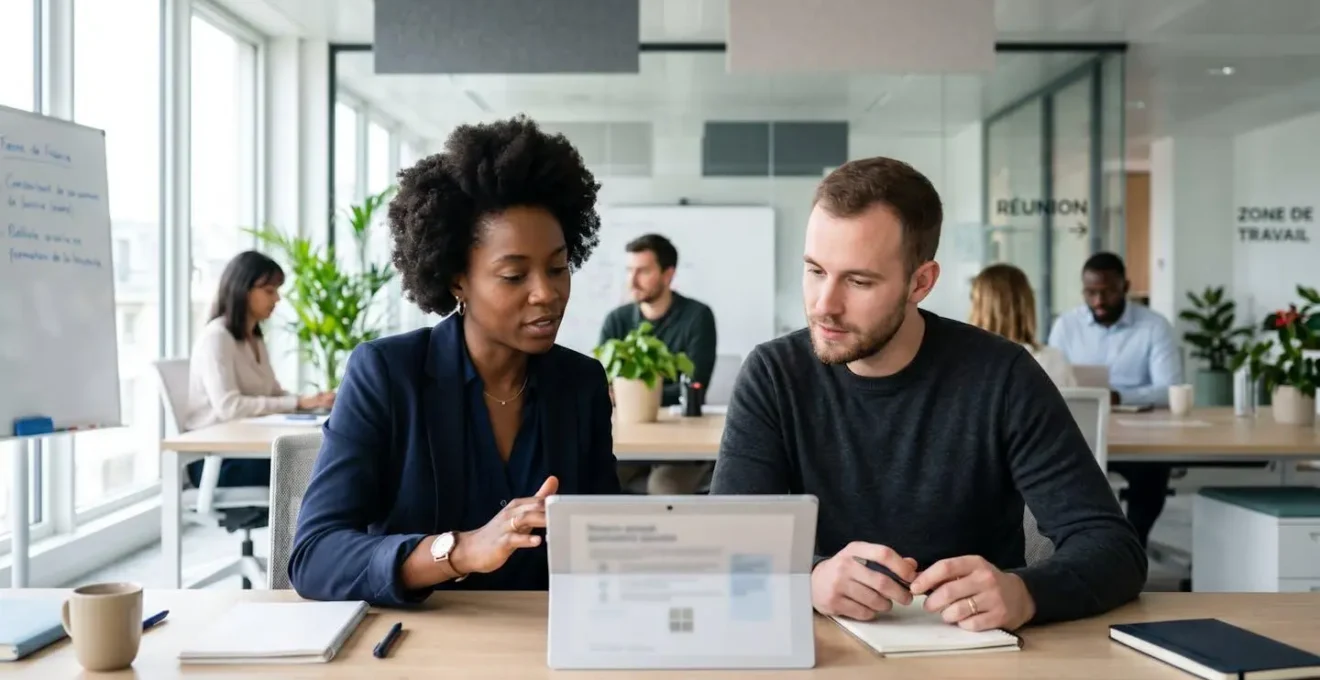 Deux professionnels échangeant discrètement autour d'une tablette dans un bureau moderne lumineux, sans regarder la caméra