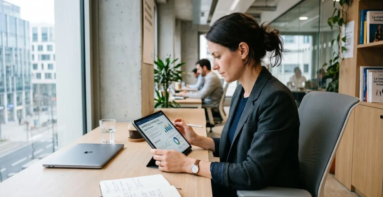 Professionnel de profil consultant un document sur une tablette dans un bureau contemporain lumineux