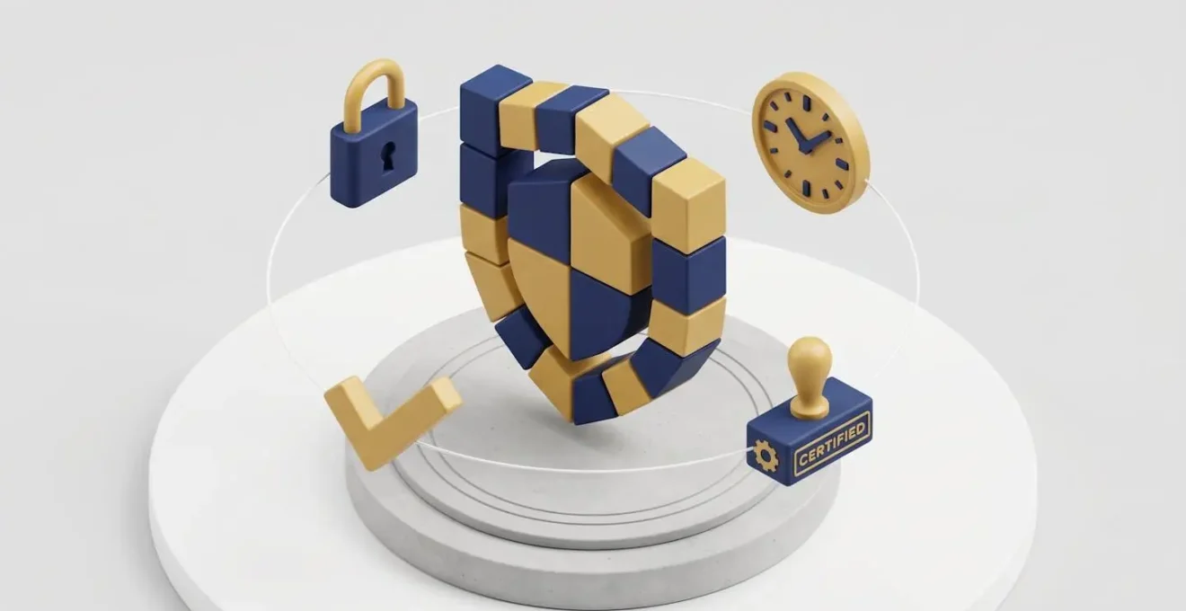 Illustration 3D isométrique d'un bouclier géométrique bleu et or entouré d'icônes symbolisant sécurité, horodatage, certification et conformité, représentant les garanties du cadre eIDAS