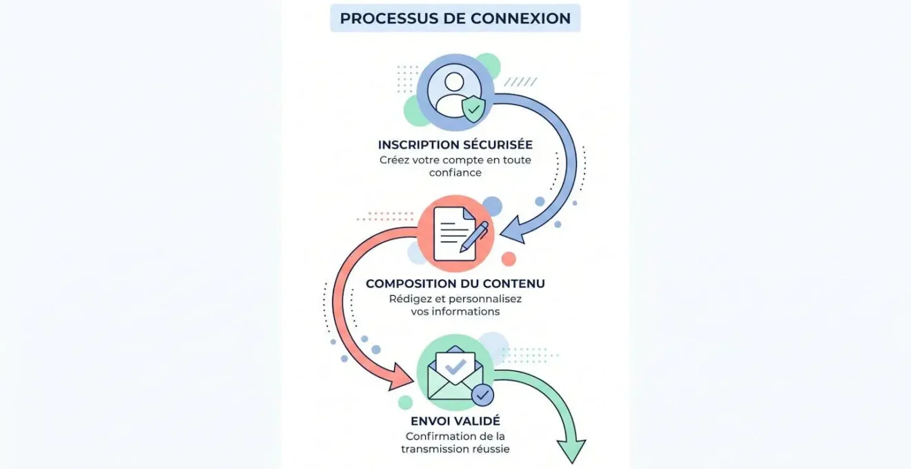Infographie en trois niveaux montrant le processus d'envoi d'une lettre recommandée électronique : inscription sécurisée, rédaction du courrier, envoi validé, reliés par des flèches élégantes