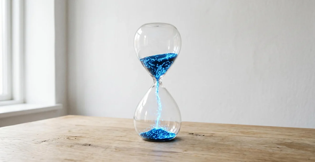 Sablier moderne en verre transparent avec des pixels bleu électrique s'écoulant rapidement, posé sur une surface en bois clair, symbolisant la compression du temps grâce à la dématérialisation