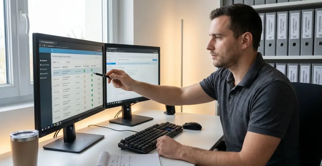Administrateur IT français analysant un tableau de bord de suivi des recommandés électroniques sur double écran, affichant statuts de réception et preuves légales avec indicateurs visuels en temps réel
