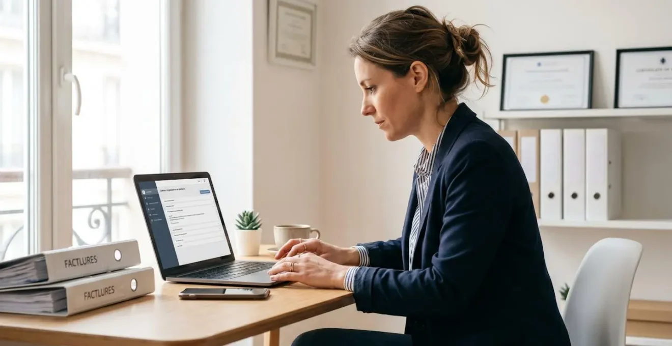 Responsable administrative française travaillant sur son ordinateur portable dans un bureau contemporain, consultant une interface de gestion d'envois recommandés électroniques, environnement de travail organisé avec documents et téléphone sur le bureau