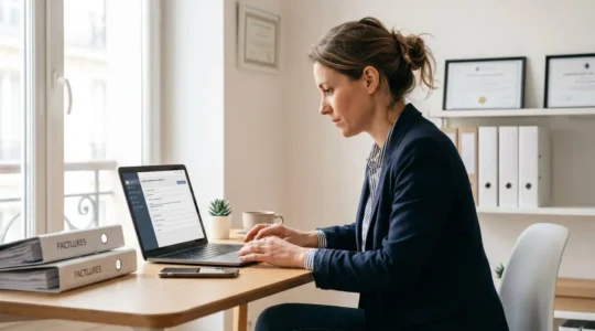 Responsable administrative française travaillant sur son ordinateur portable dans un bureau contemporain, consultant une interface de gestion d'envois recommandés électroniques, environnement de travail organisé avec documents et téléphone sur le bureau
